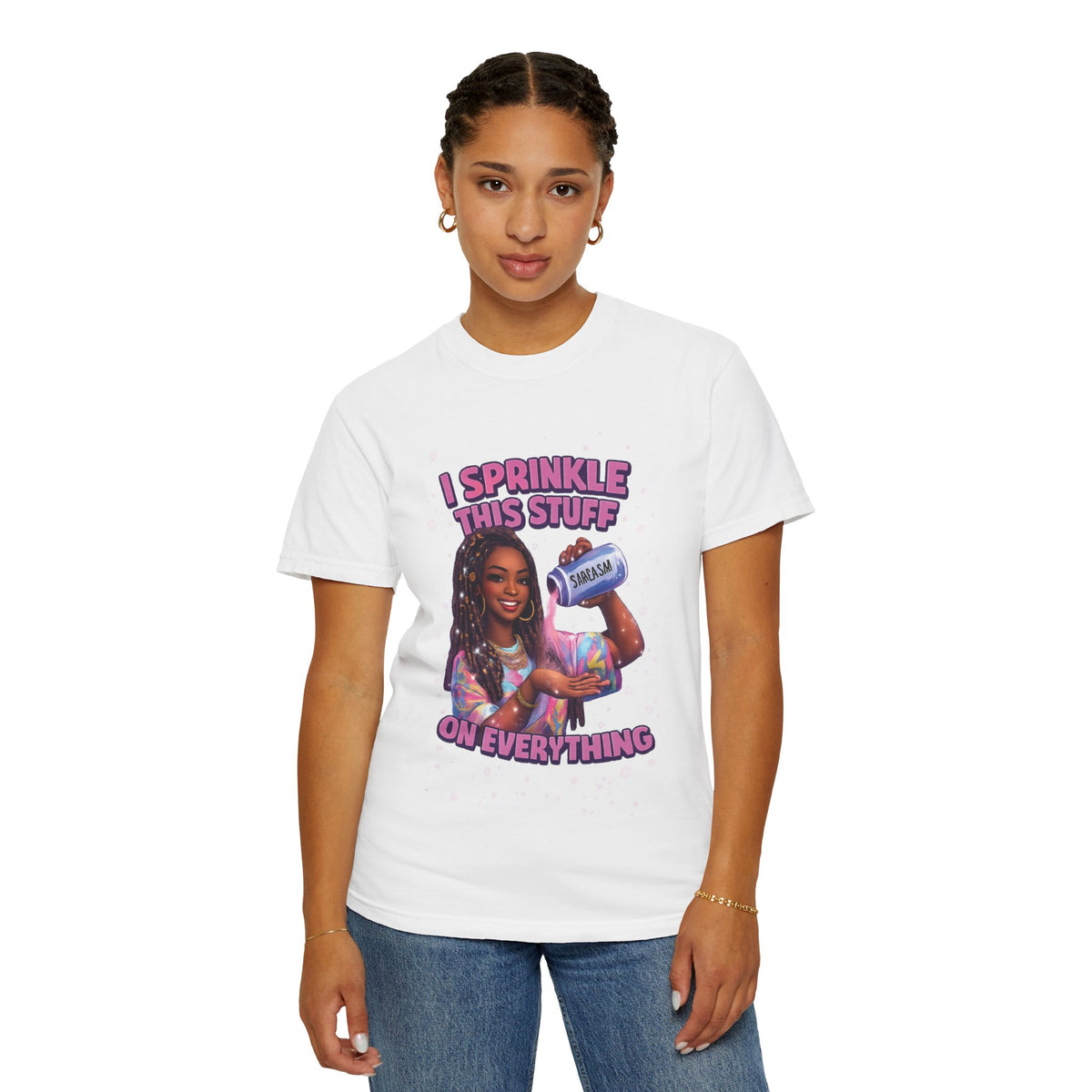 I Sprinkle This Stuff On Everything T-shirt | Retro Woman Pouring Seasoning Illustration