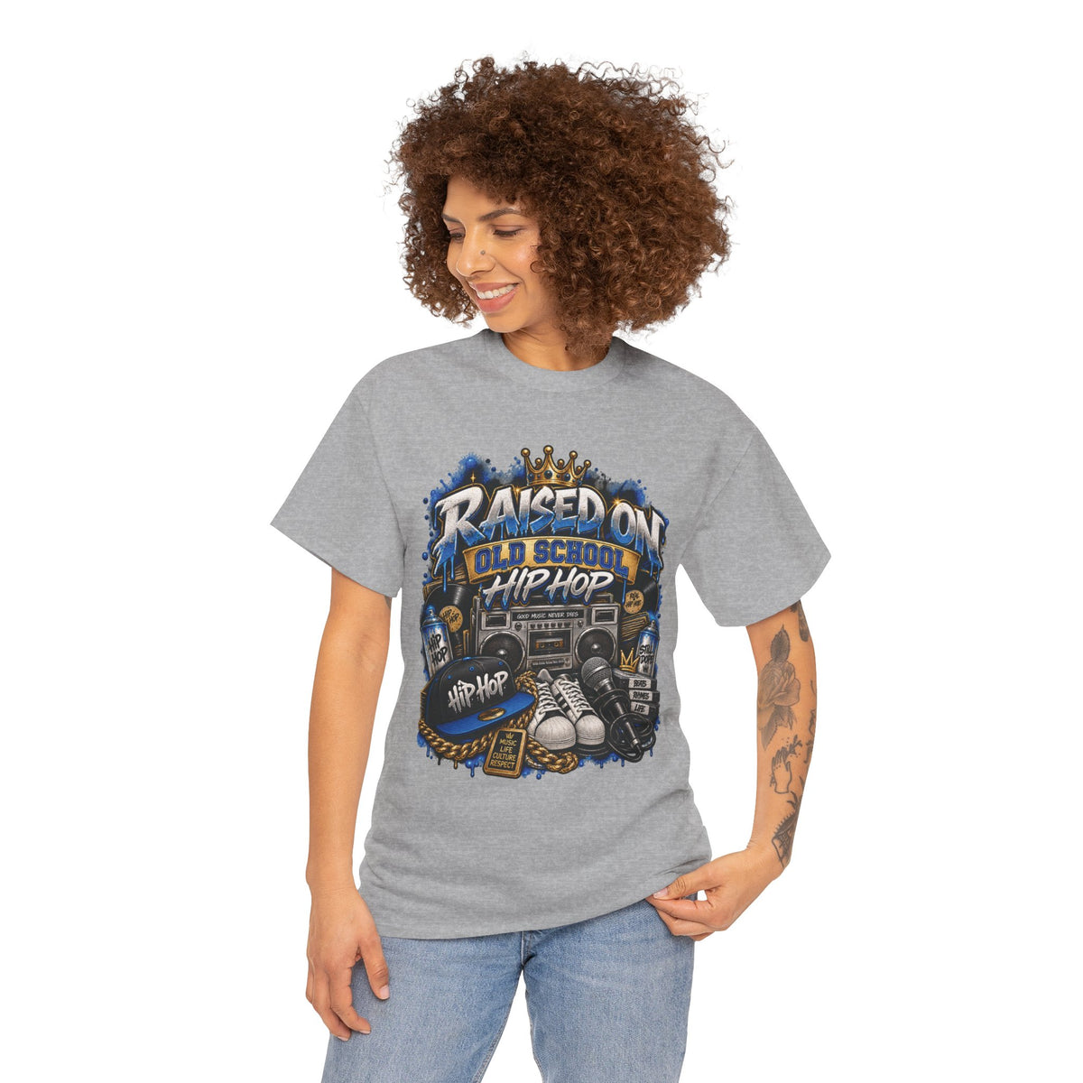 Raised On Old School Hip Hop T-Shirt | Retro Boombox Sneakers Crown Design
