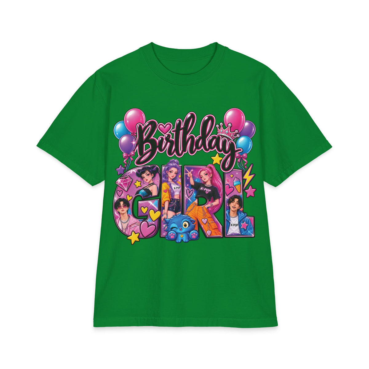 Kpop Hunter Demon Birthday Girl T-Shirt | Colorful Cartoon Letters, Balloons & Characters