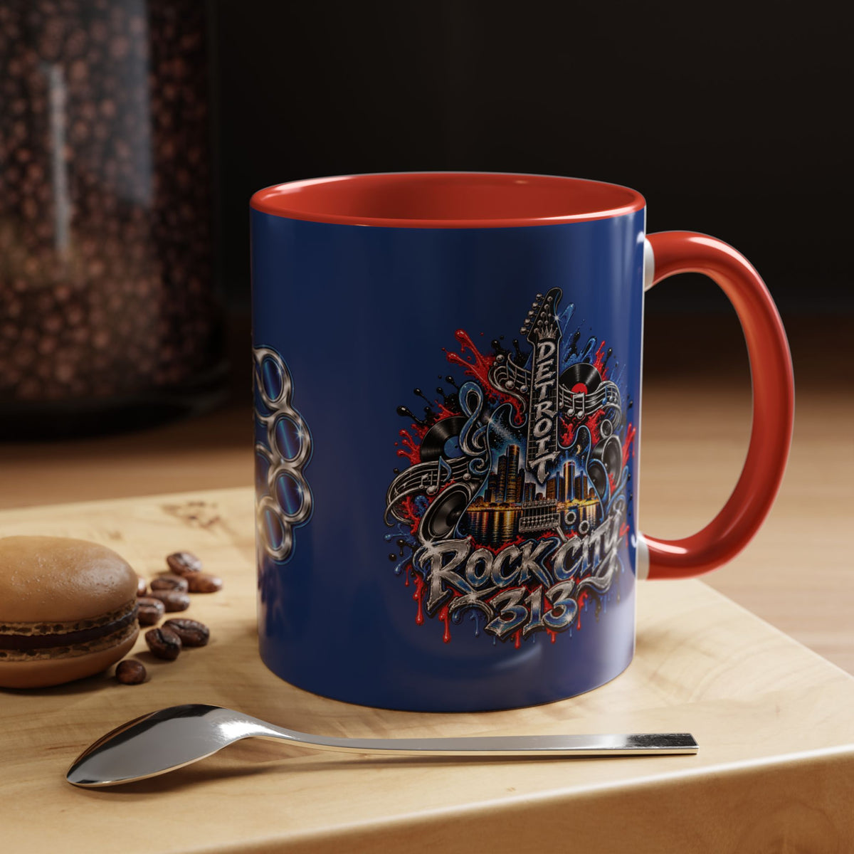Detroit Rock City 313 Blue Accent Mug | Cityscape Guitar Graffiti Design