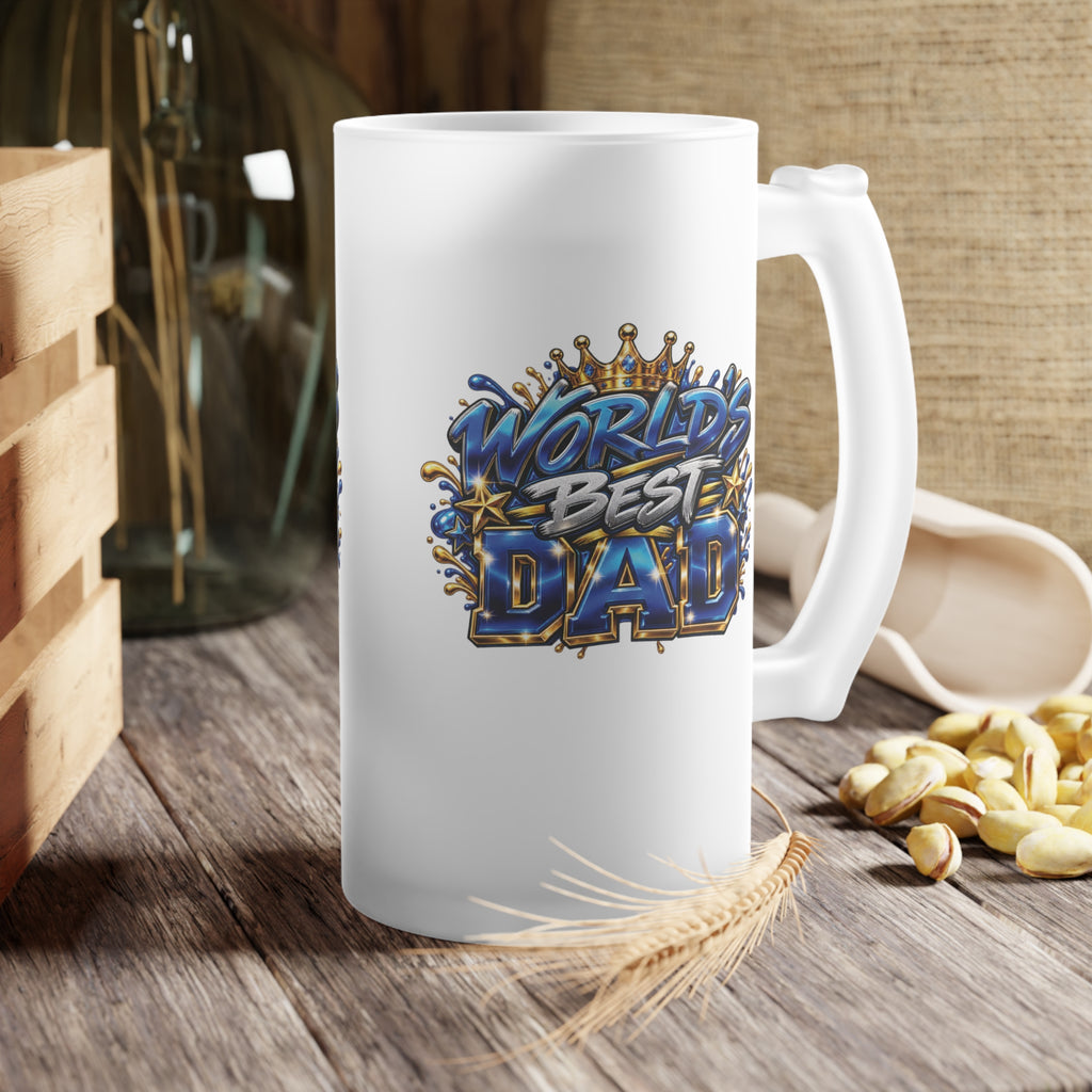Worlds Best Dad Coldest Bud Frosted Glass Beer Mug | Beer Stein Style, Illustrated Typography