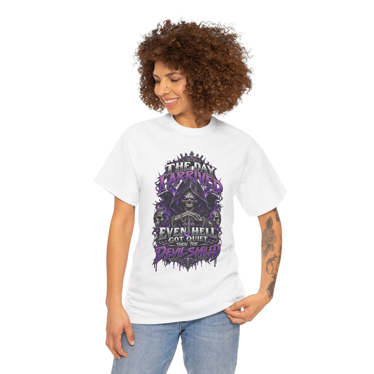 Grim Reaper Skull with Purple Flames T-Shirt | Gothic Death Quote Tee