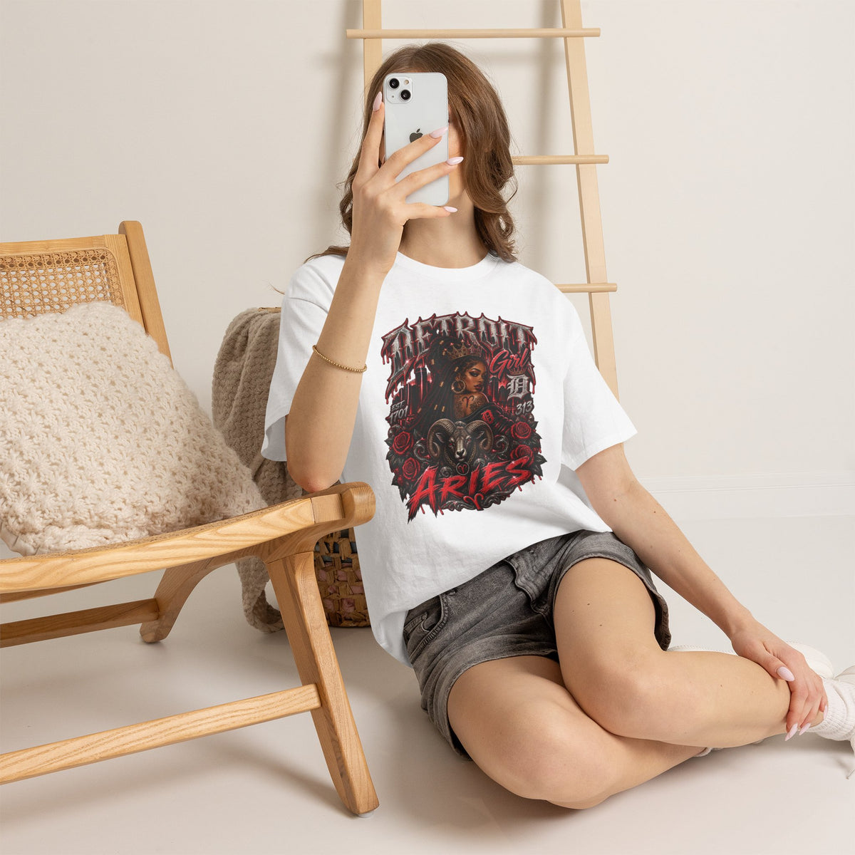 Aries Tattoo Style Graphic Tee | Zodiac Ram Illustration, Red Roses