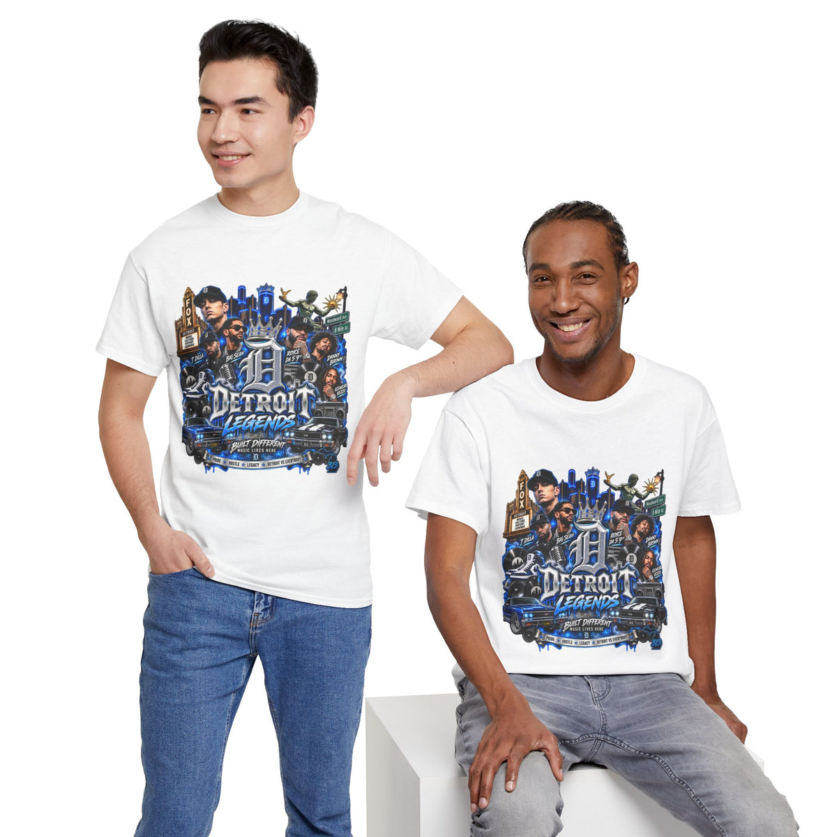 Detroit Legends collage T-Shirt | Motor City skyline, classic cars, musicians
