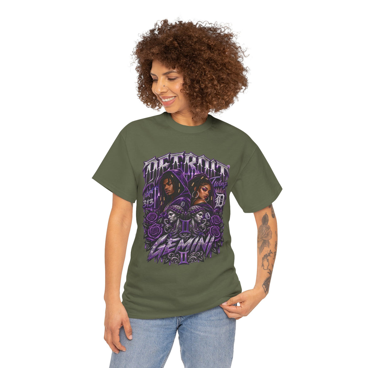 Gemini Skull Roses Graphic T-Shirt | Zodiac Twins Illustration