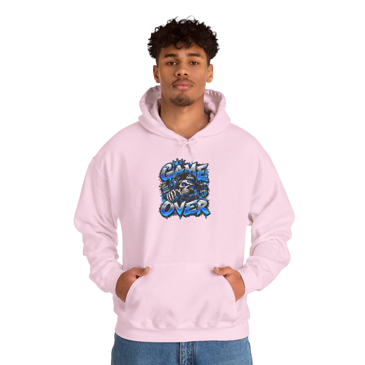 Game Over Skull hoodie | Gaming Graphic Sweatshirt, Blue Grunge Design