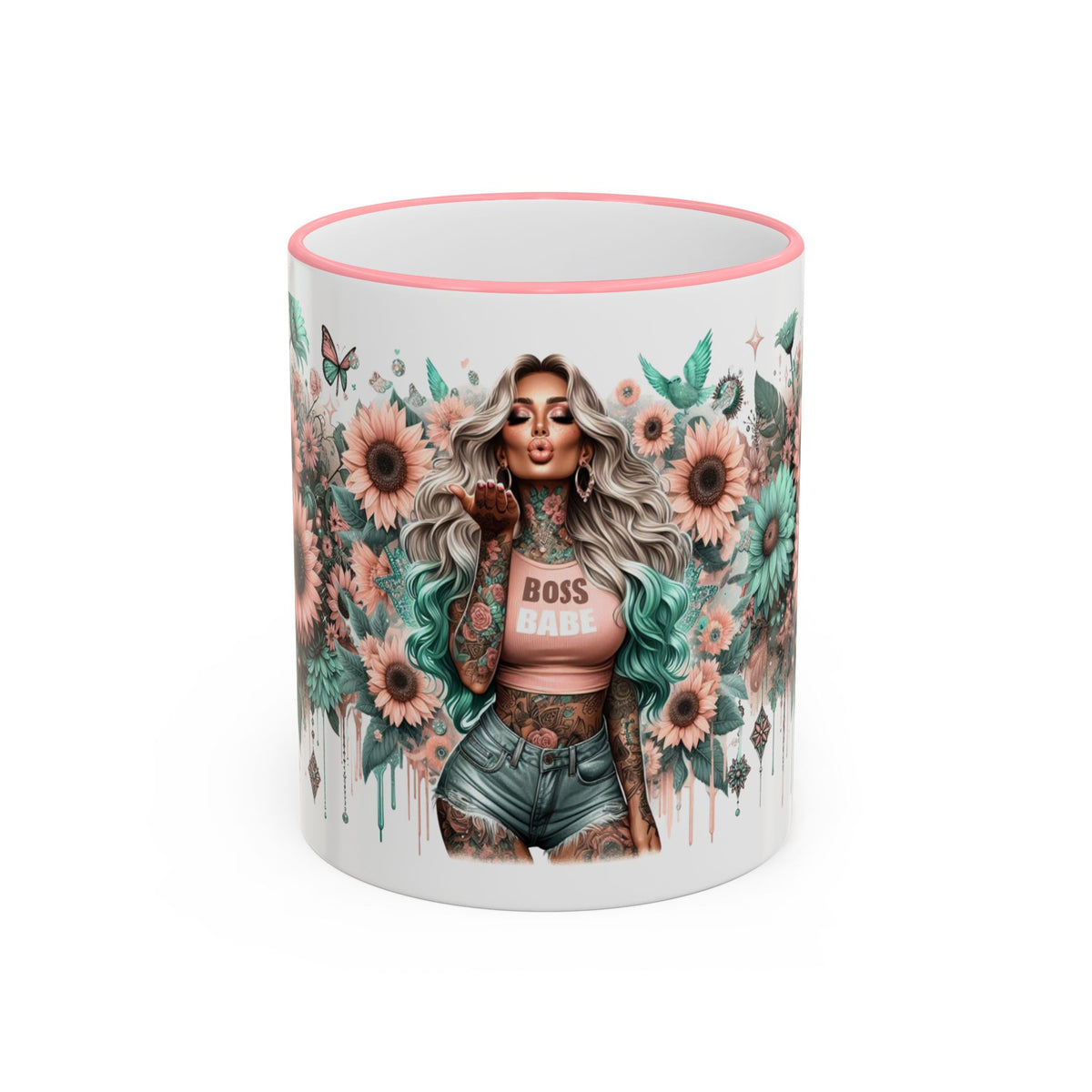 Boss Babe Floral Illustration Mug | Accent Rim & Handle Ceramic Coffee Cup