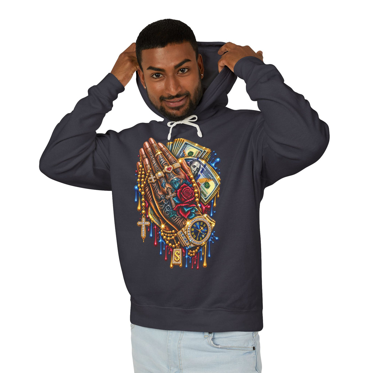 Praying Hands Collage Hoodie | Money, Watch & Roses Drip Design