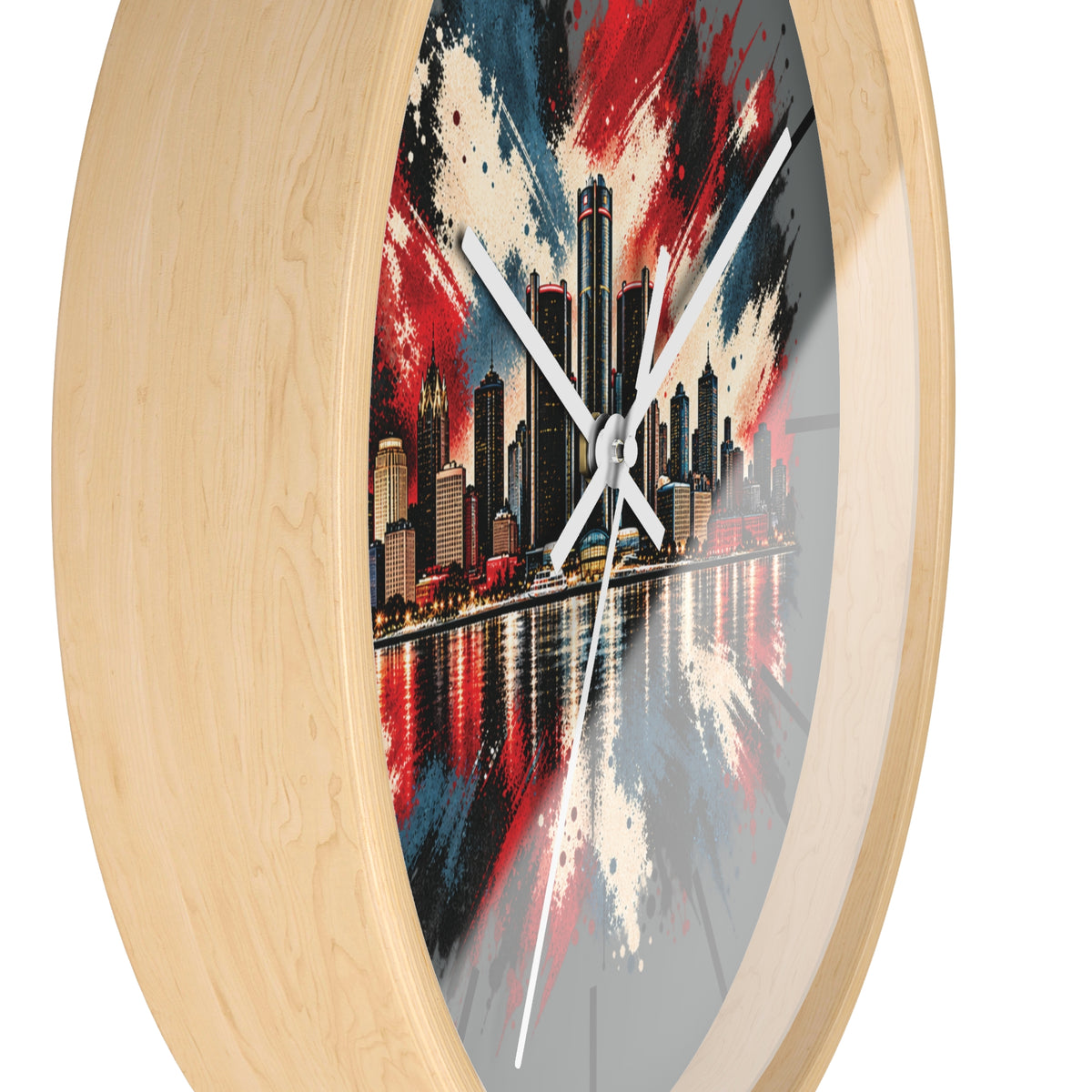 Urban Skyline Detroir Wall Clock – Red, White & Blue Cityscape Decor