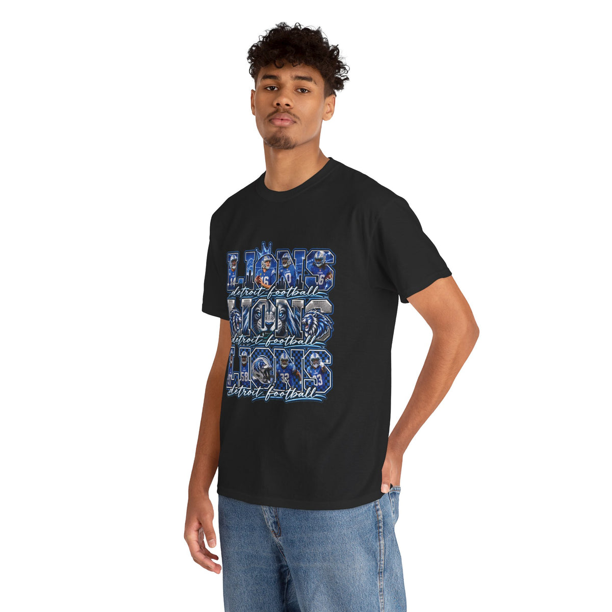 Lions Football Typography Tee | Blue Vintage Grunge Stadium Design