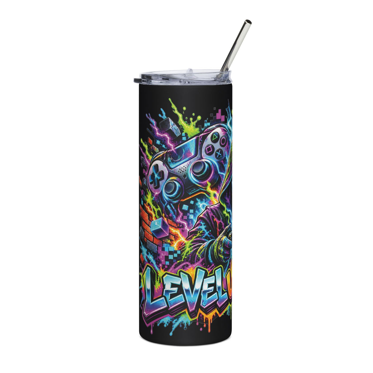 20oz Gaming Tumbler – Colorful Gamer Controller & Level Up Design