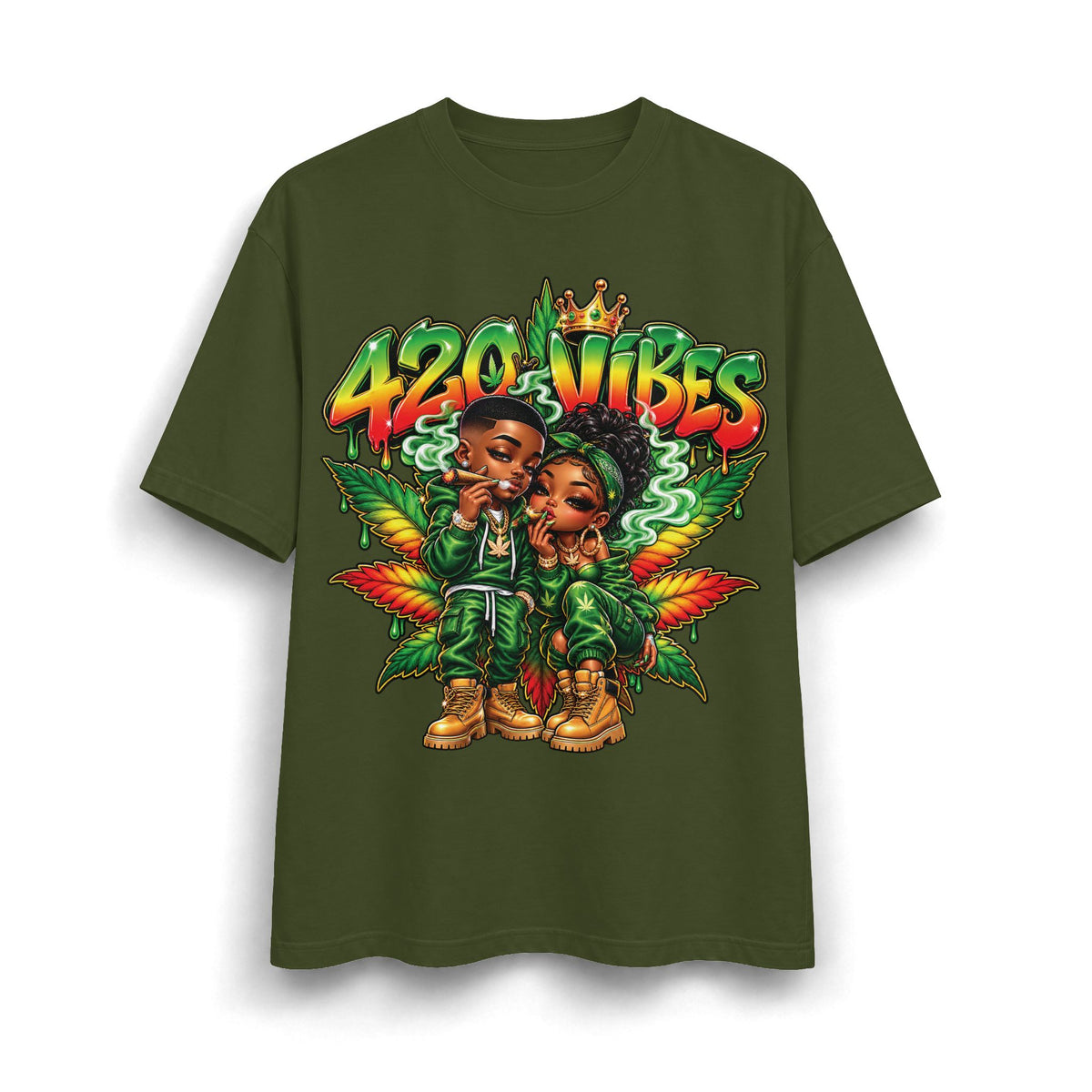 Detroit 420 Vibes Cartoon Couple T-Shirt | Cannabis Leaf Street Art Tee