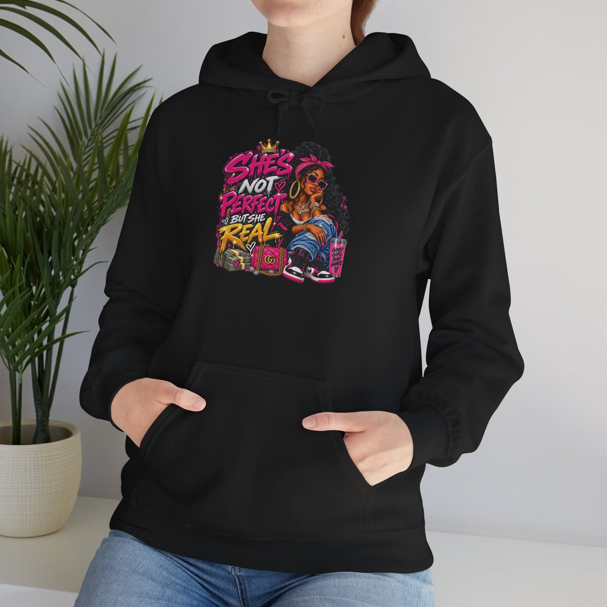Shes Not Perfect Real AF hoodie | Retro Neon Girl Graphic Hoodie