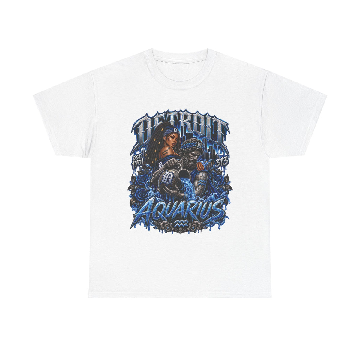 Detroit Aquarius T-Shirt | Detroit skyline, water wave zodiac graphic
