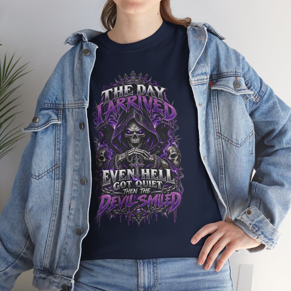 Grim Reaper Skull with Purple Flames T-Shirt | Gothic Death Quote Tee