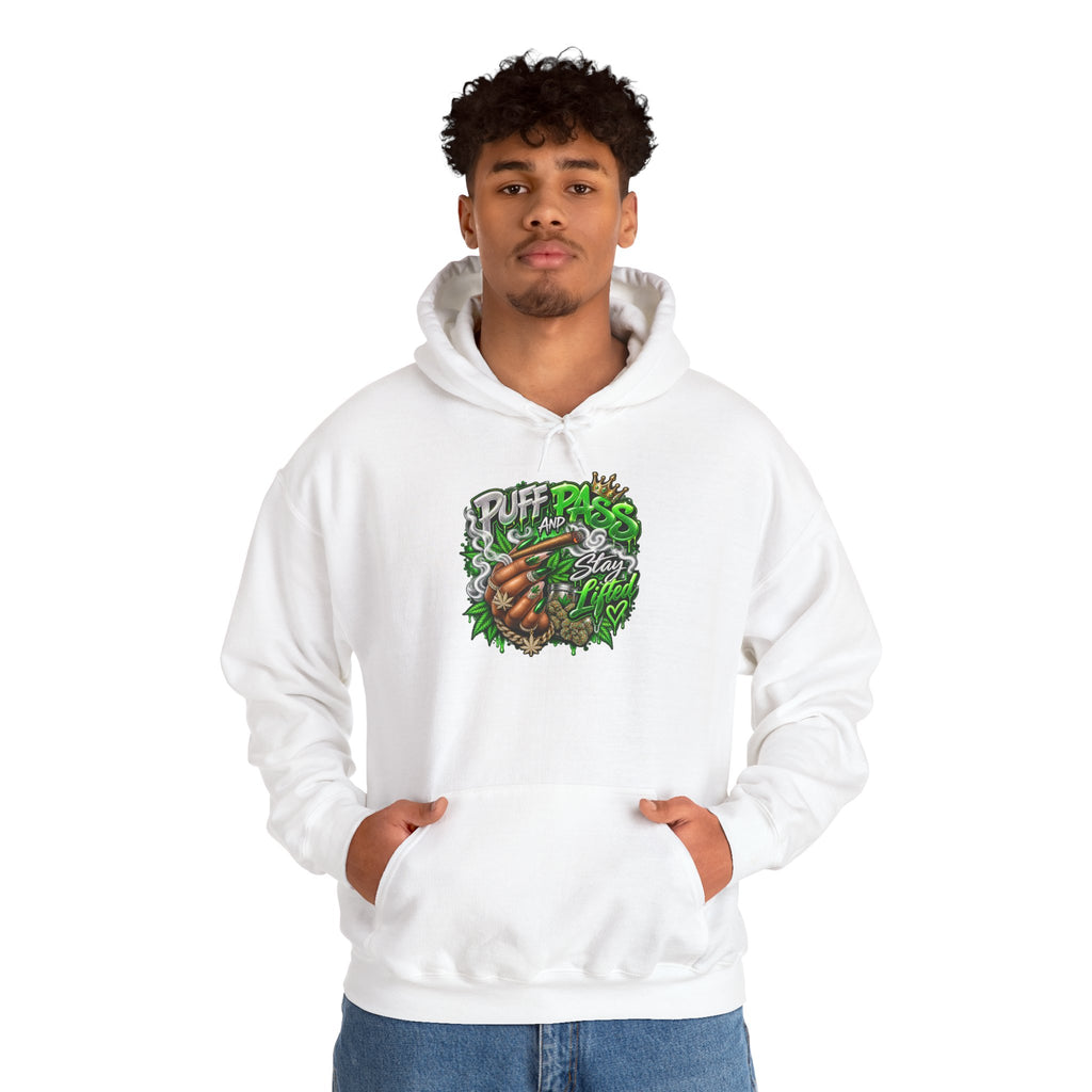 Puff Pass Stay Lifted Hoodie | Cannabis Leaf, Smoky Hand Illustration