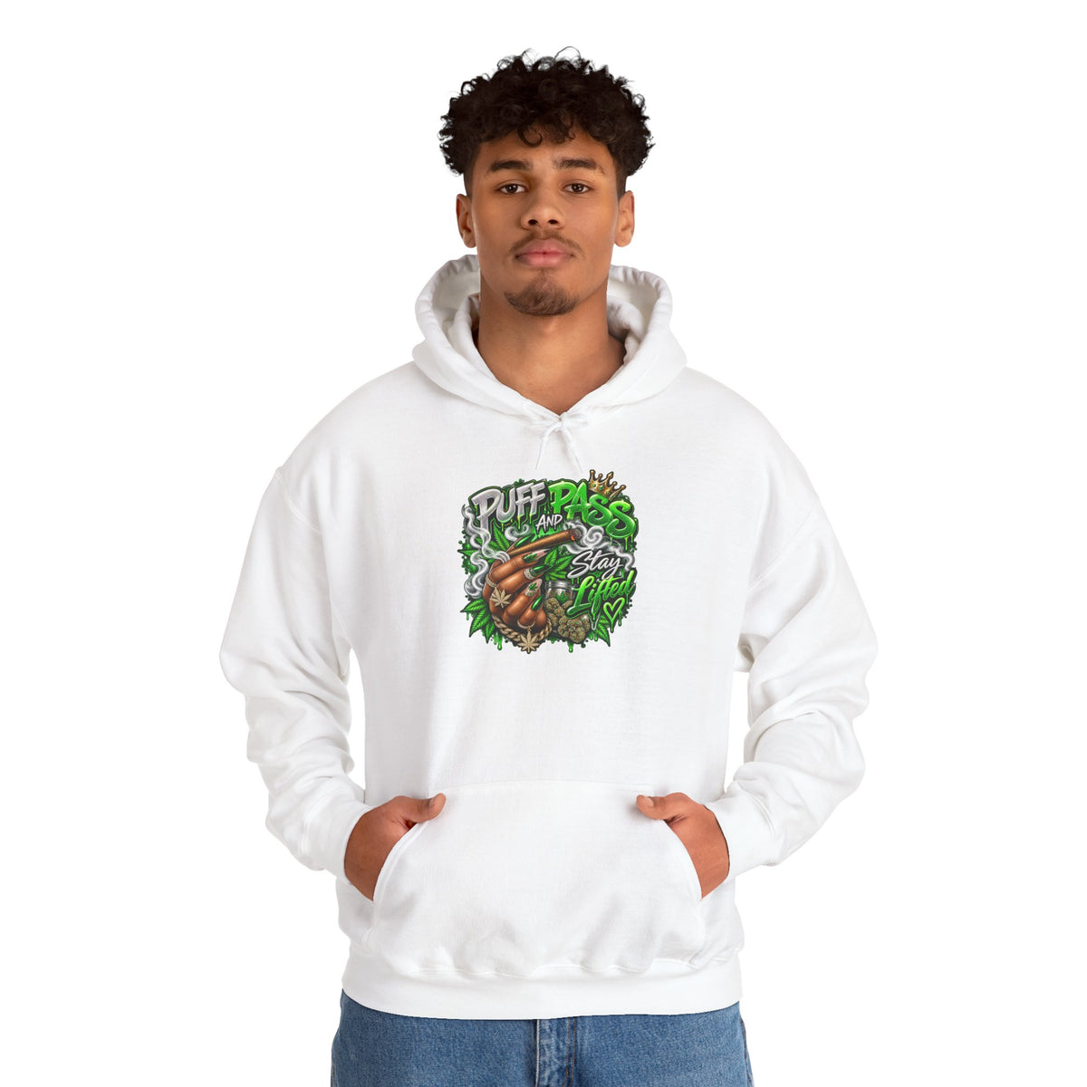 Puff Pass Stay Lifted Hoodie | Cannabis Leaf, Smoky Hand Illustration