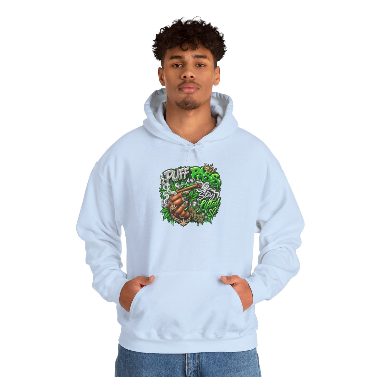 Puff Pass Stay Lifted Hoodie | Cannabis Leaf, Smoky Hand Illustration