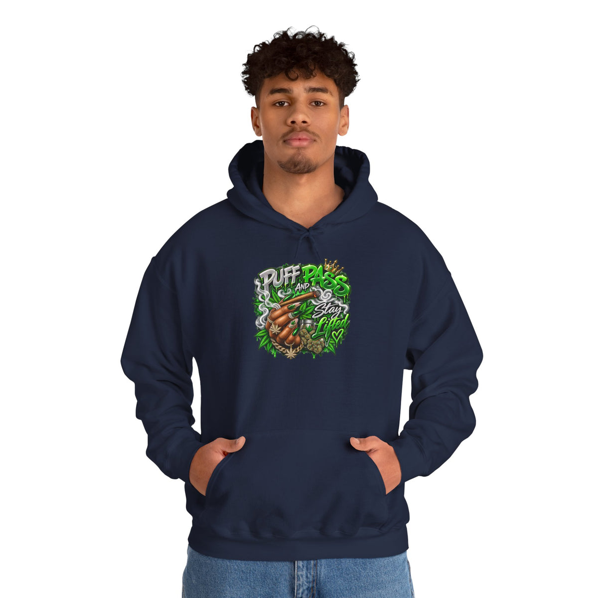 Puff Pass Stay Lifted Hoodie | Cannabis Leaf, Smoky Hand Illustration