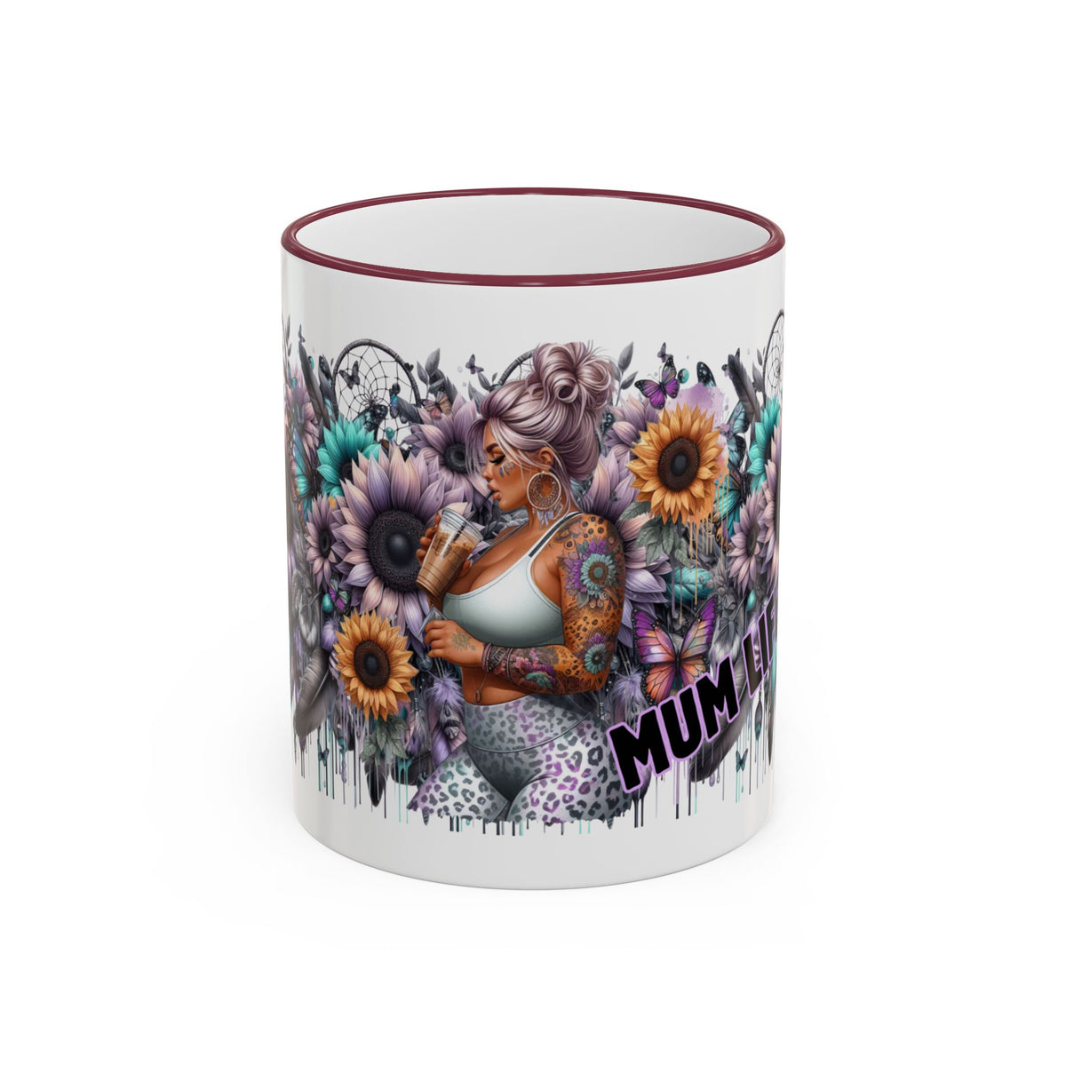 Tattooed Floral Skull Mum Mug | Accent Rim & Handle Ceramic Mug