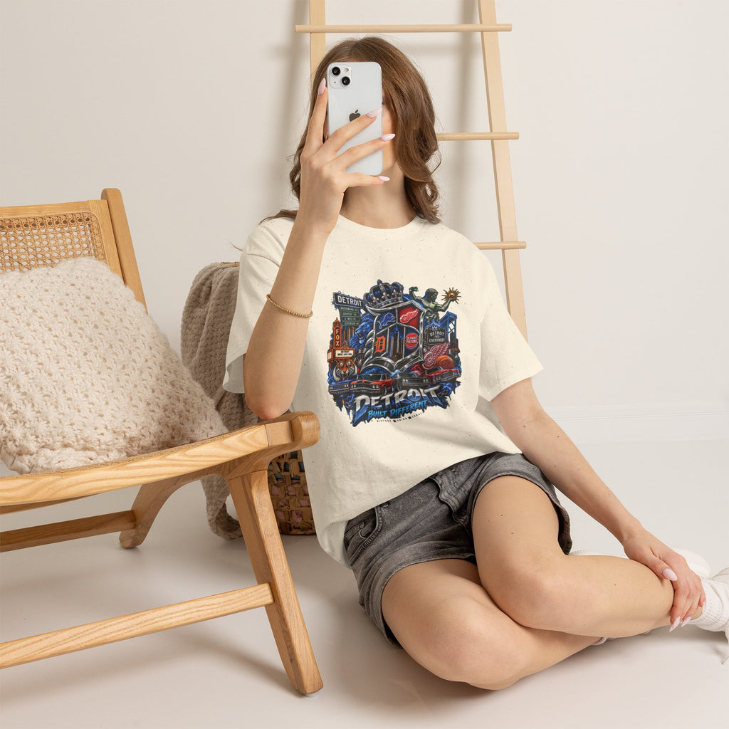 Detroit Skyline Collage T-Shirt | Motor City Landmarks, Vintage Neon Design