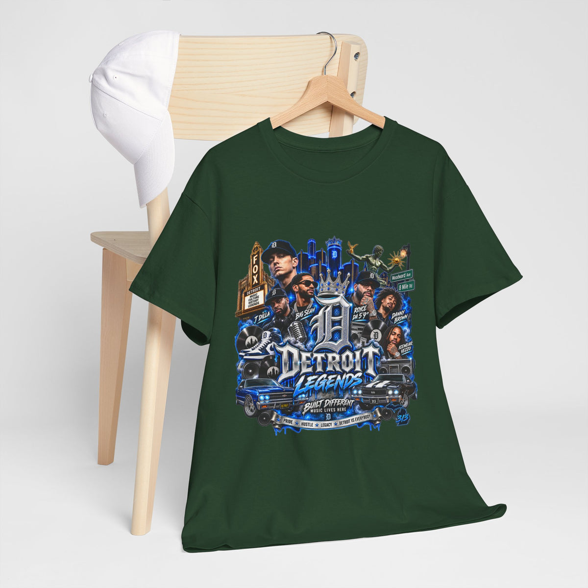 Detroit Legends collage T-Shirt | Motor City skyline, classic cars, musicians