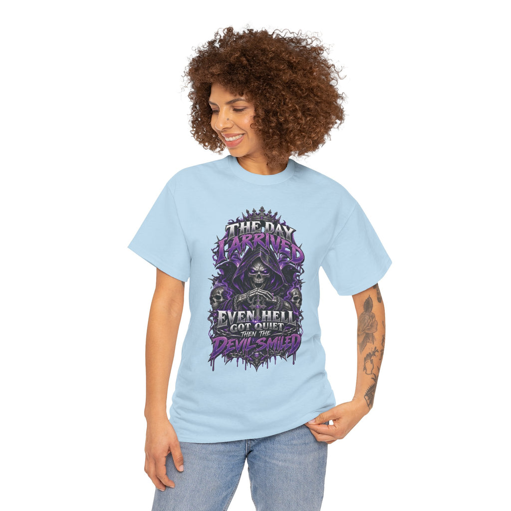Grim Reaper Skull with Purple Flames T-Shirt | Gothic Death Quote Tee