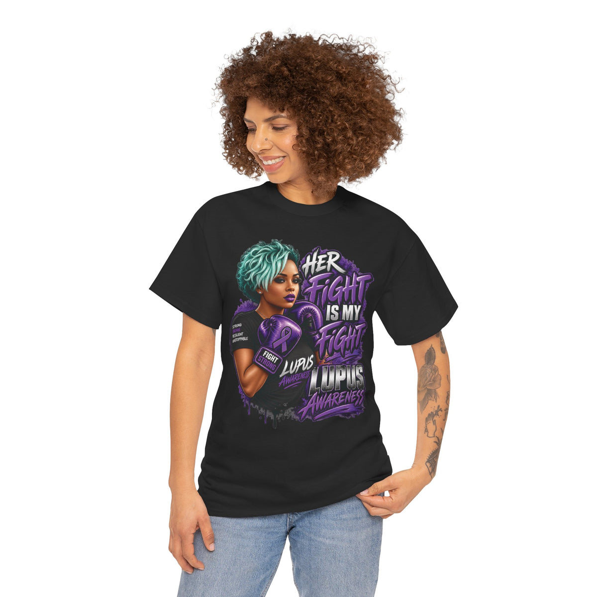 Her Fight Is My Fight Lupus Awareness T-Shirt | Boxing Woman, Purple Ribbon