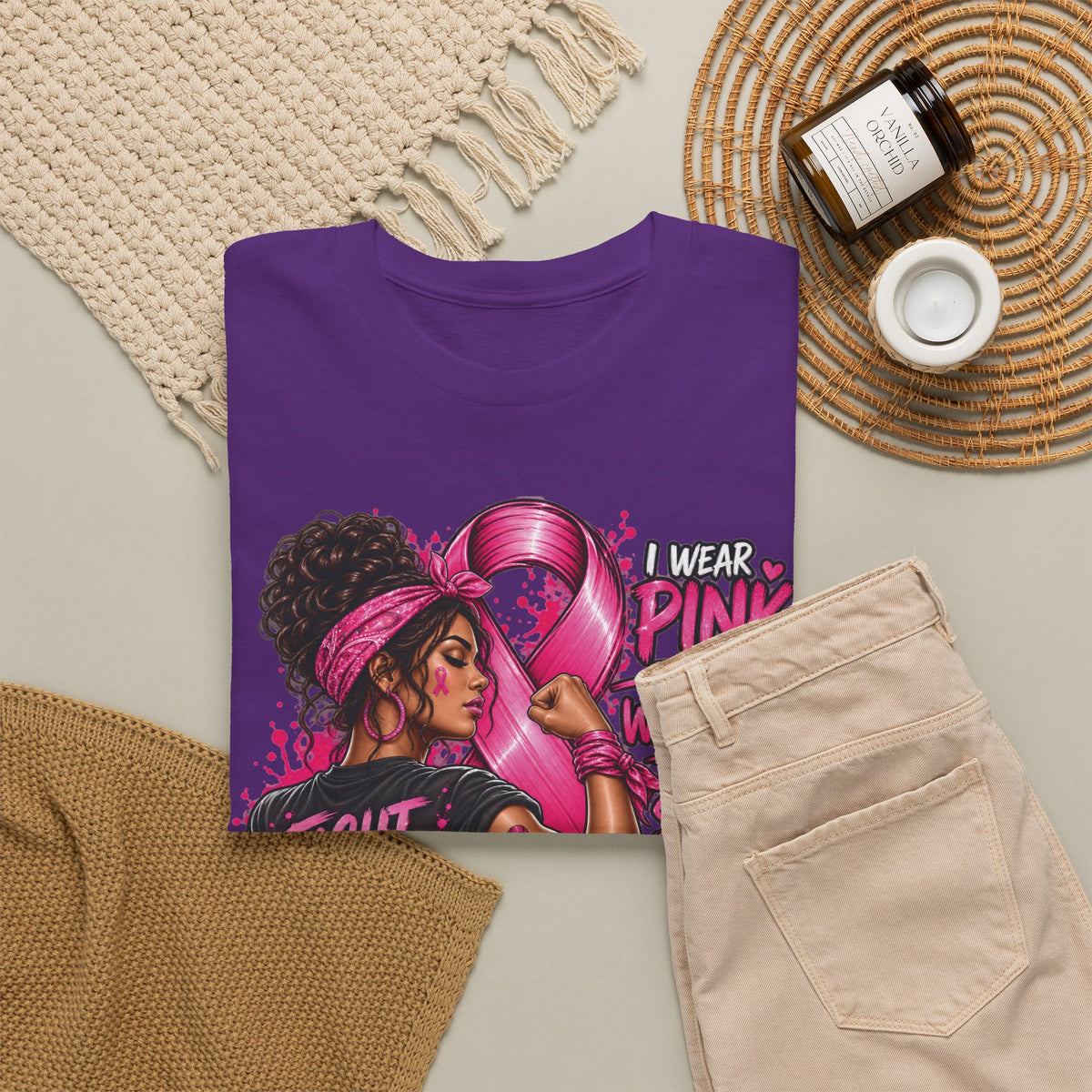 Fight with Faith breast cancer awareness T-Shirt | Rosie the Riveter pink ribbon design