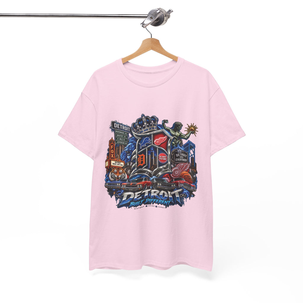 Detroit Skyline Collage T-Shirt | Motor City Landmarks, Vintage Neon Design
