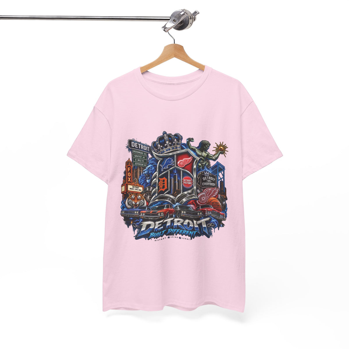 Detroit Skyline Collage T-Shirt | Motor City Landmarks, Vintage Neon Design