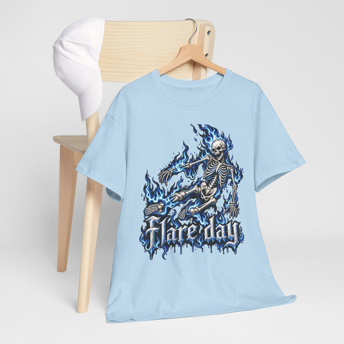 Blue Flaming Skeleton Skateboard T-Shirt | Skull Flame Graphic Tee