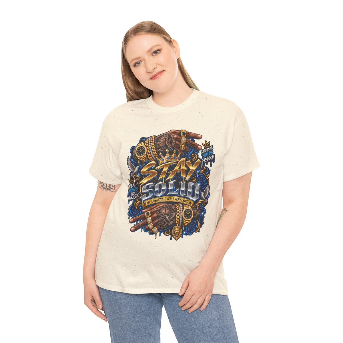 Stay Solid graphic tee | Urban street art typography, gold chain hands