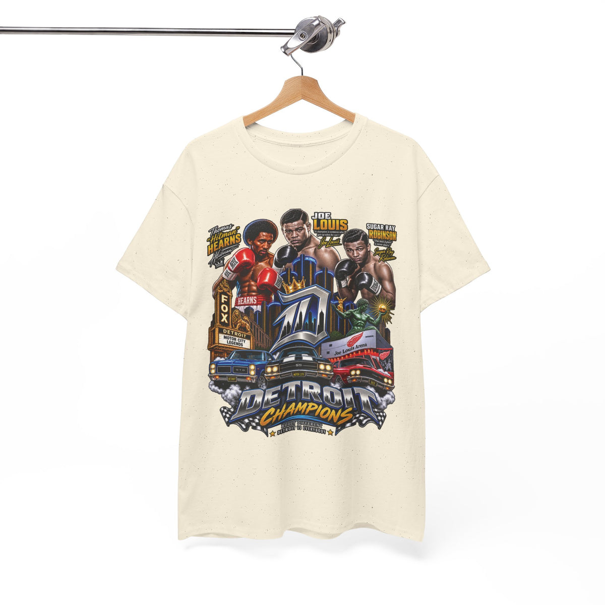 Detroit Champions T-Shirt | Motor City Boxing Legends, Classic Cars, City Skyline