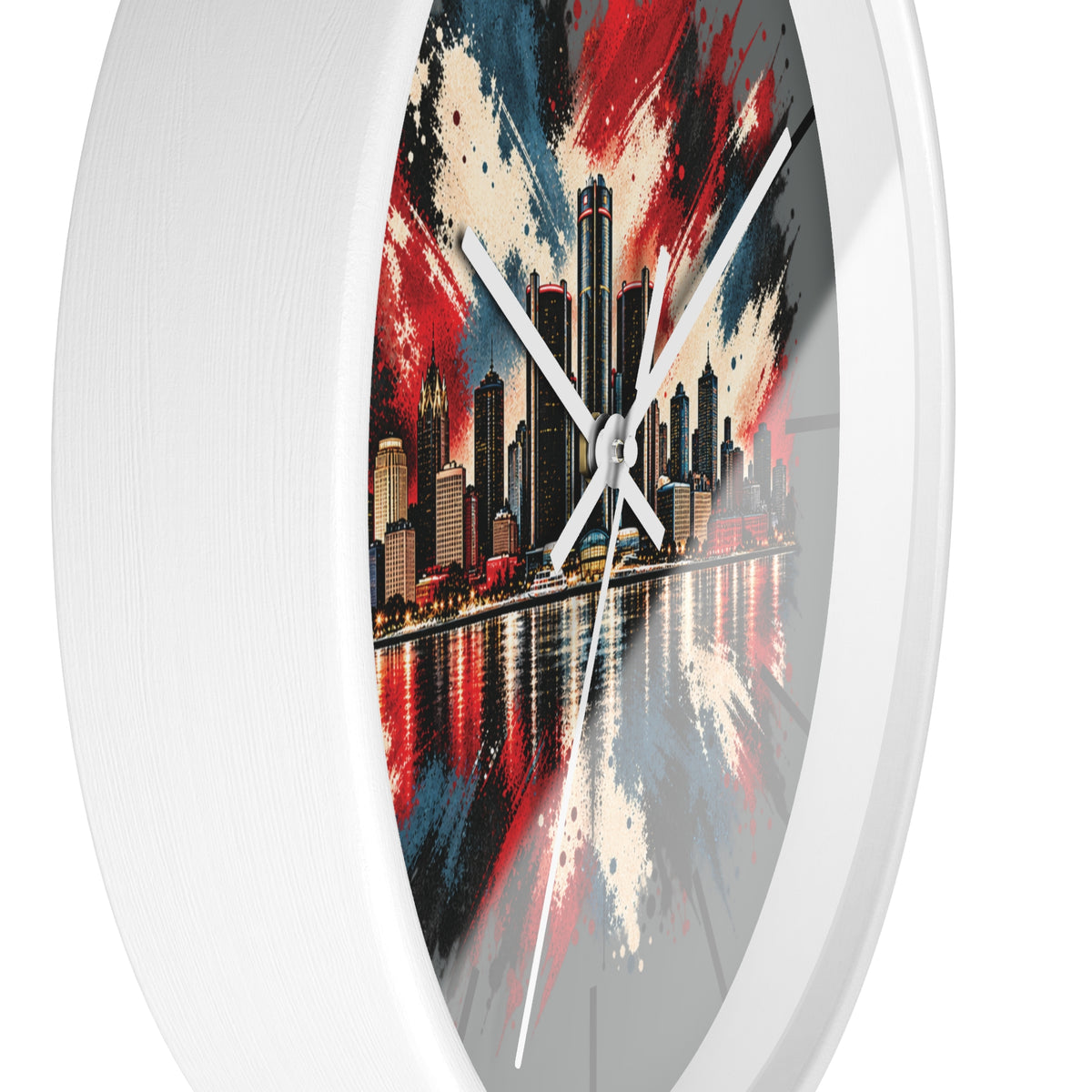 Urban Skyline Detroir Wall Clock – Red, White & Blue Cityscape Decor