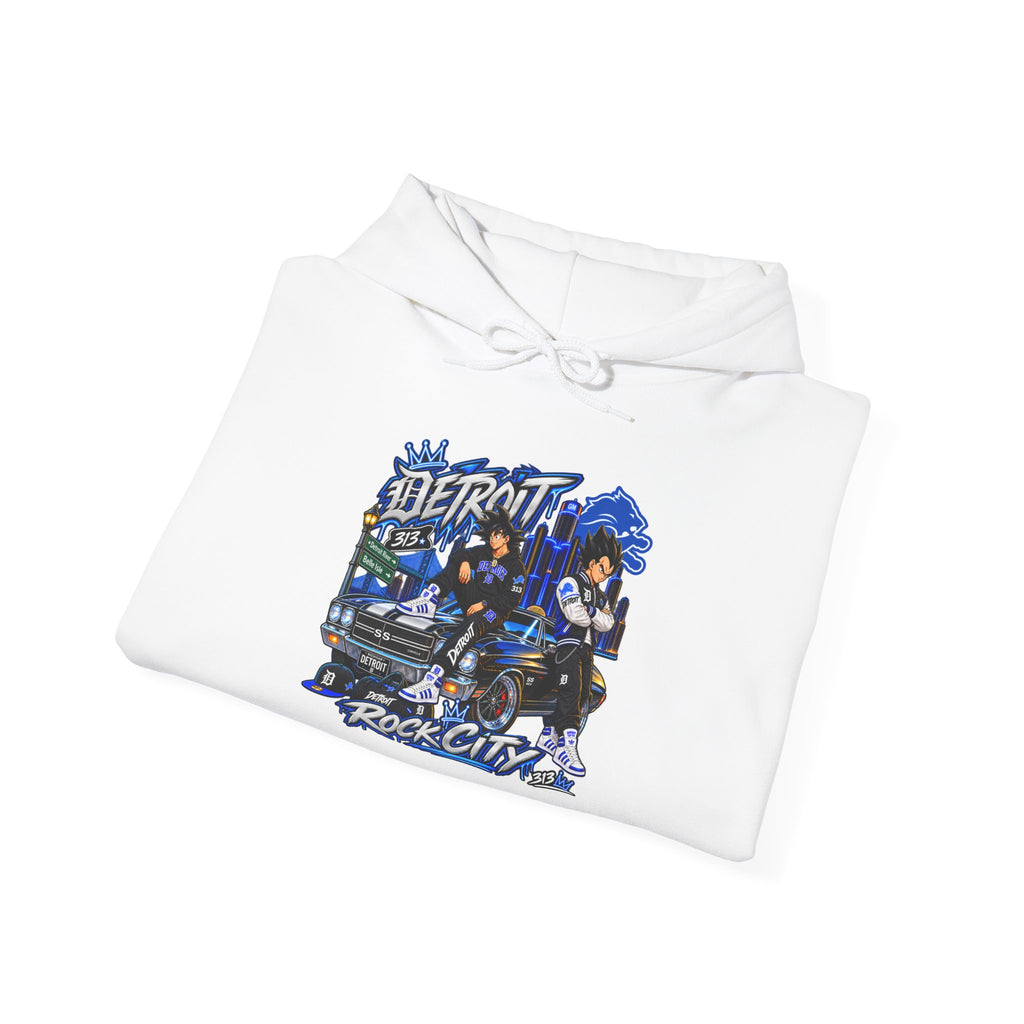 Detroit Rock City hoodie | vintage city skyline, electric blue motorcycle design