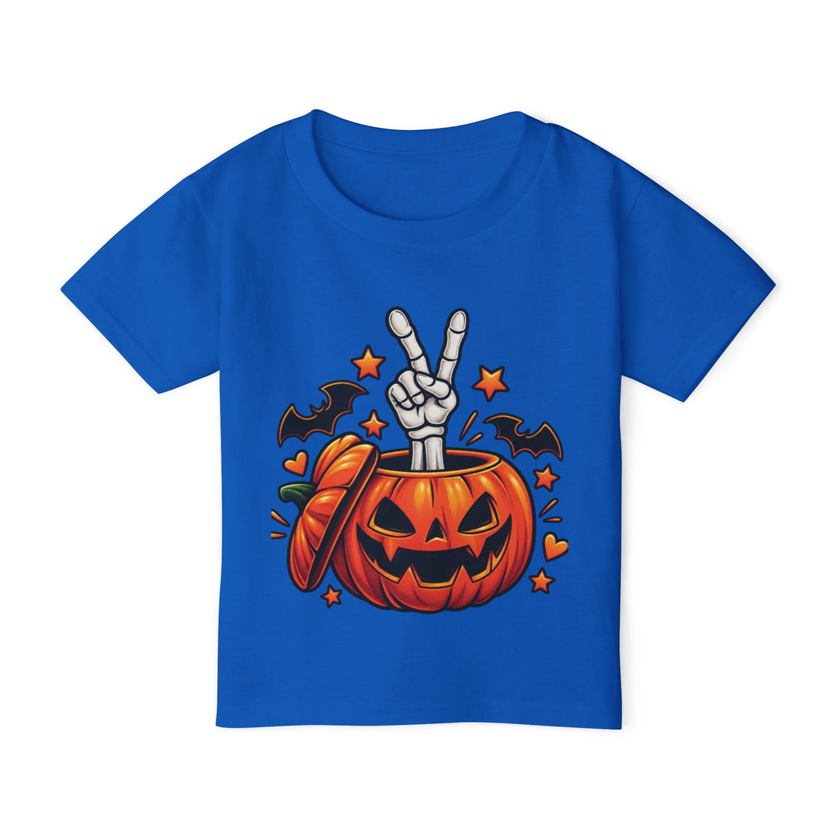 Peace Hand Skeleton in Jack-O'-Lantern Toddler T-shirt | Halloween Pumpkin Bats