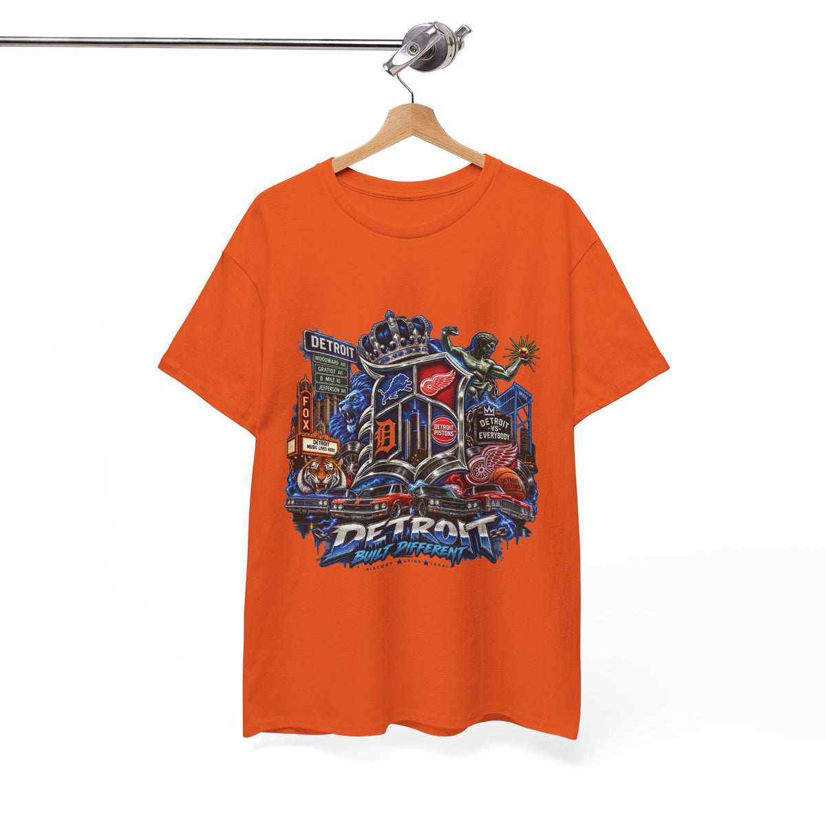 Detroit Skyline Collage T-Shirt | Motor City Landmarks, Vintage Neon Design