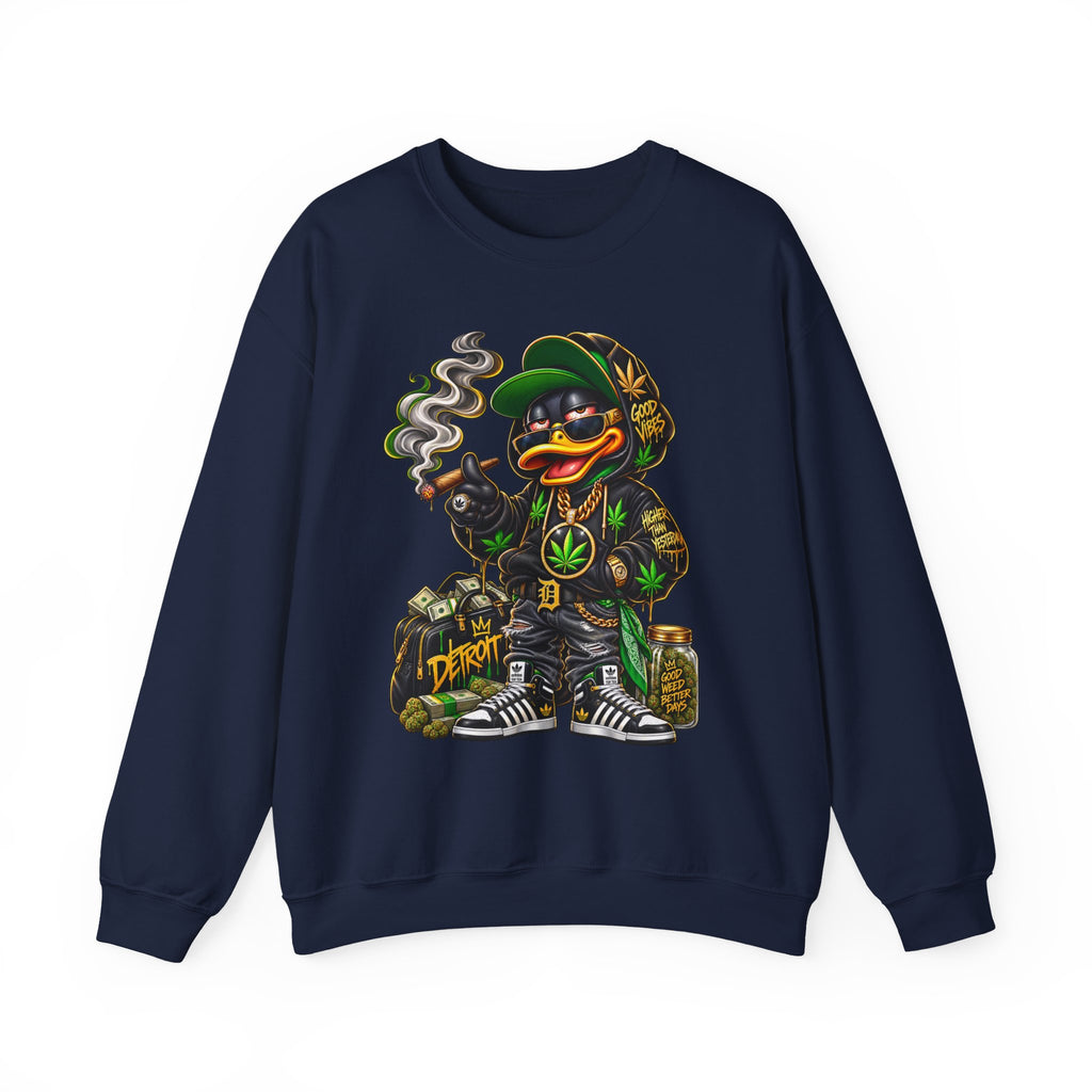 Weed Duck Smoking Cartoon Sweatshirt | Cannabis Leaf Streetwear Crewneck