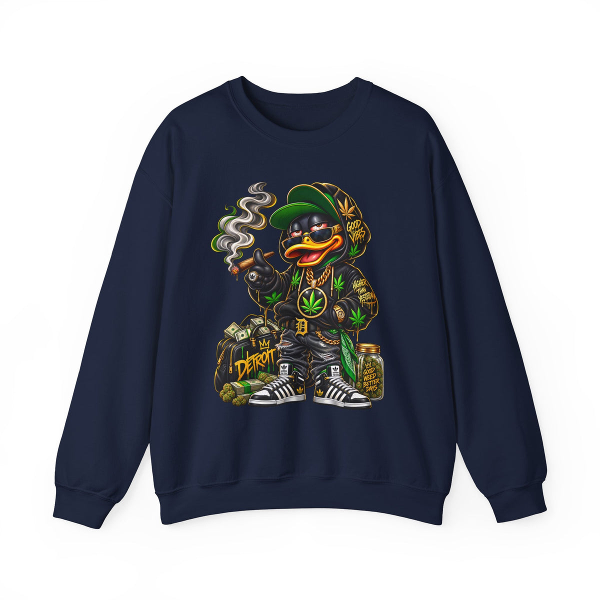 Weed Duck Smoking Cartoon Sweatshirt | Cannabis Leaf Streetwear Crewneck