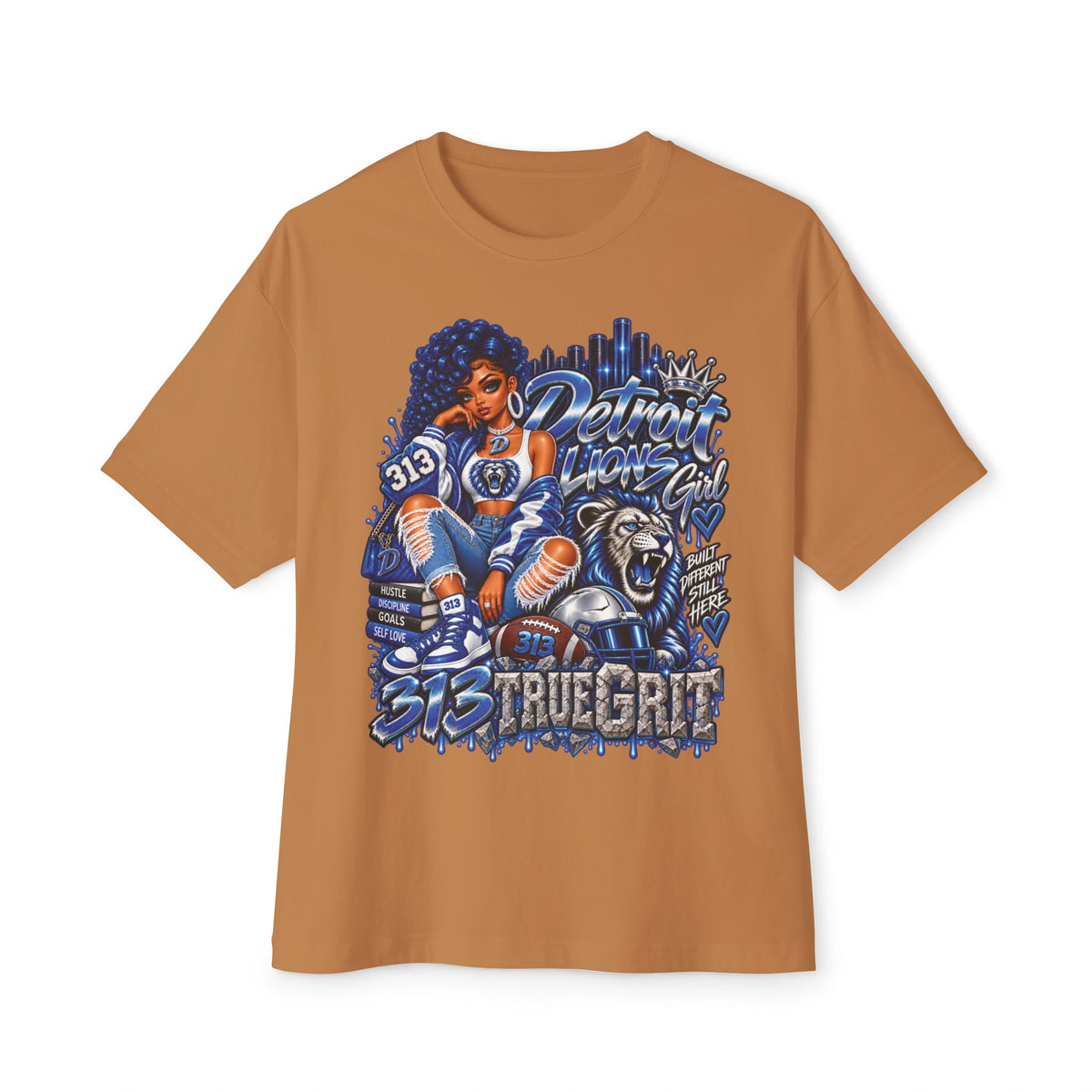 Lions Detroit City Grit tee | Motor City skyline, 313, sneaker and bulldog illustration