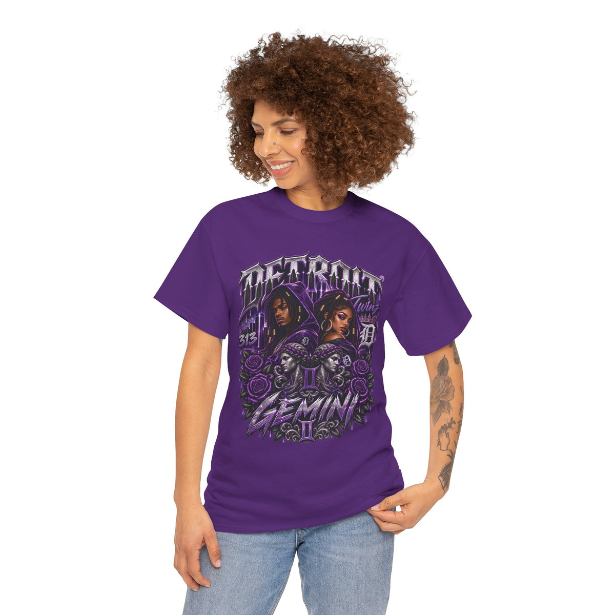Gemini Skull Roses Graphic T-Shirt | Zodiac Twins Illustration