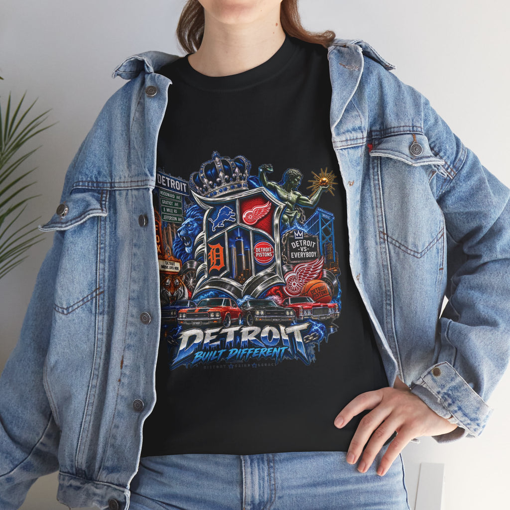 Detroit Skyline Collage T-Shirt | Motor City Landmarks, Vintage Neon Design