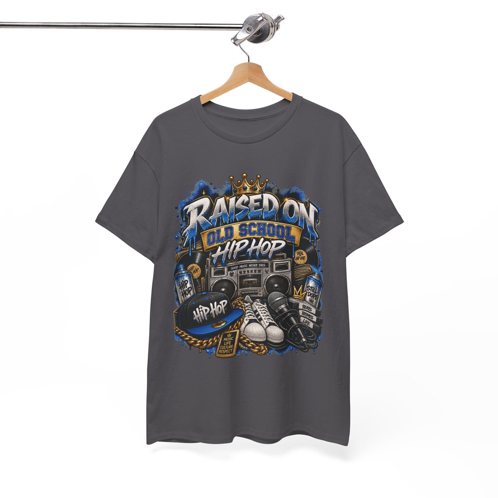 Raised On Old School Hip Hop T-Shirt | Retro Boombox Sneakers Crown Design