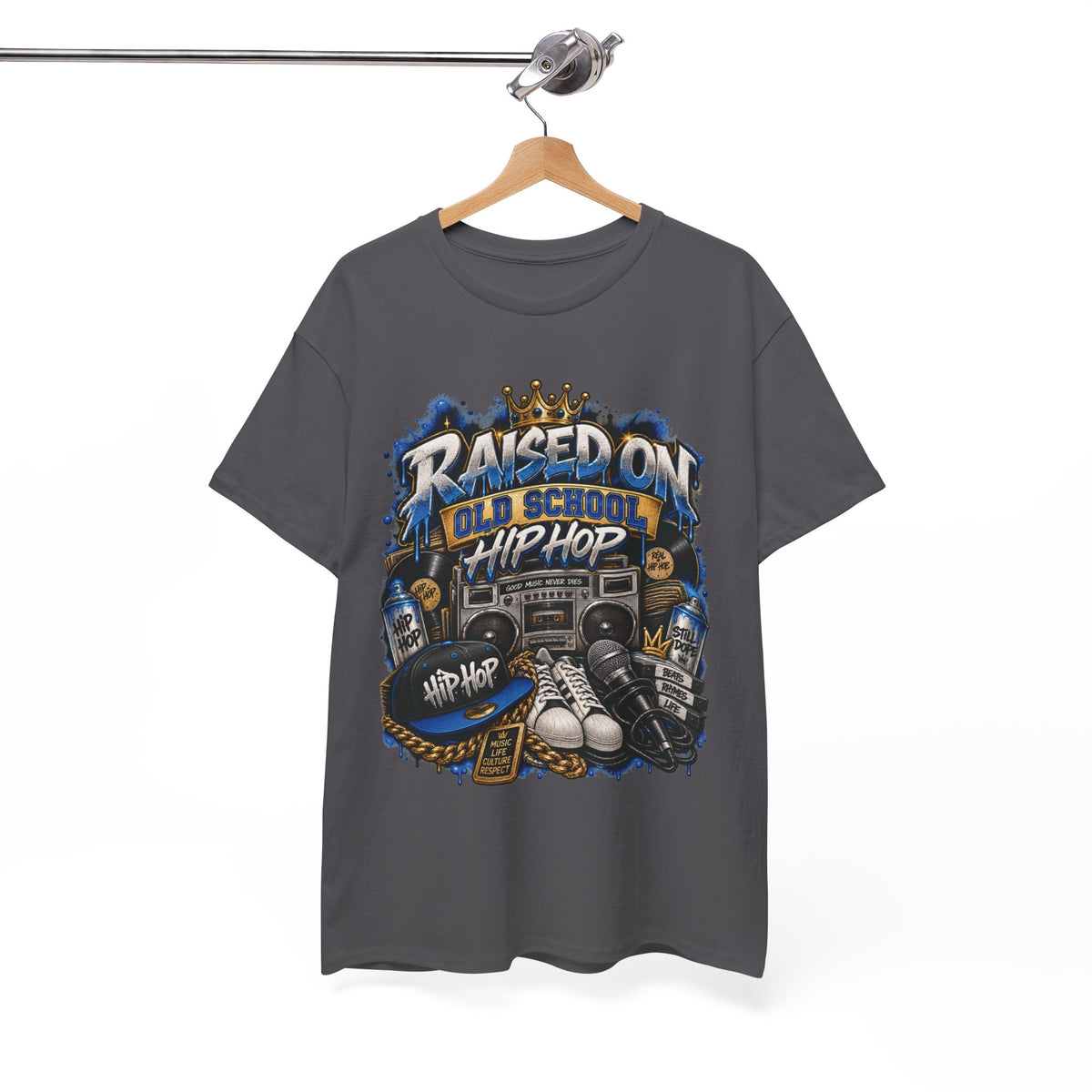 Raised On Old School Hip Hop T-Shirt | Retro Boombox Sneakers Crown Design