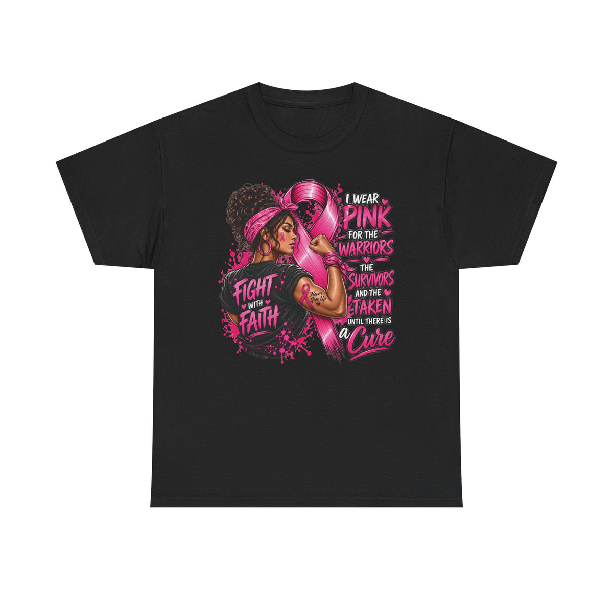 Fight with Faith breast cancer awareness T-Shirt | Rosie the Riveter pink ribbon design