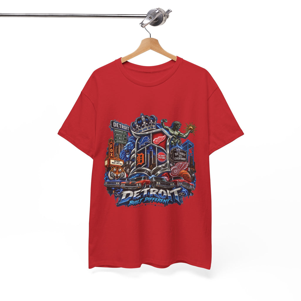 Detroit Skyline Collage T-Shirt | Motor City Landmarks, Vintage Neon Design