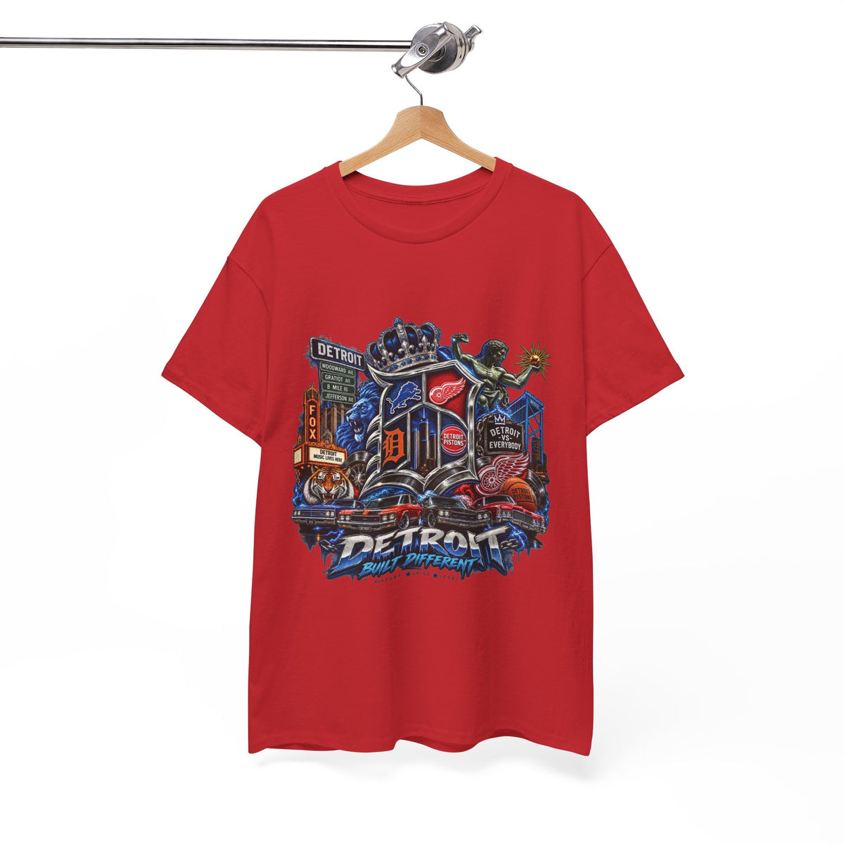 Detroit Skyline Collage T-Shirt | Motor City Landmarks, Vintage Neon Design