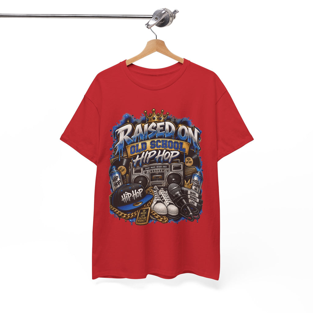 Raised On Old School Hip Hop T-Shirt | Retro Boombox Sneakers Crown Design