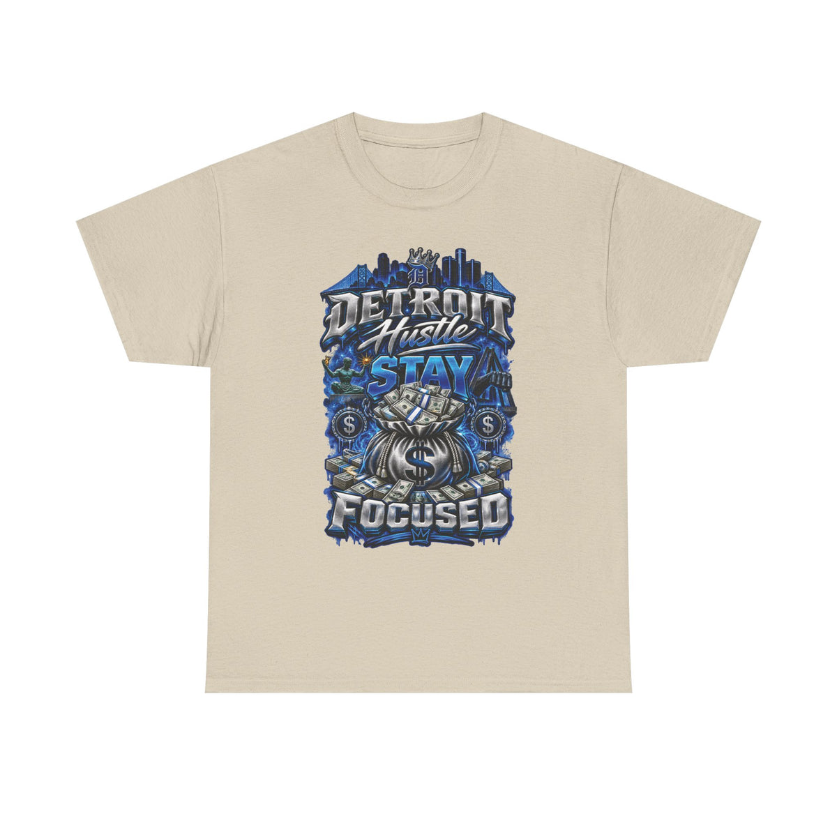 Detroit Hustle Stay Focused Tee | City Skyline, Money Bag Graphic